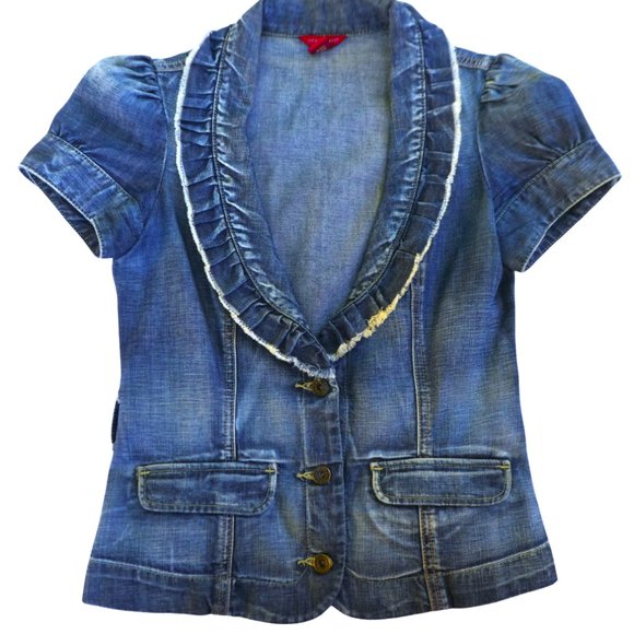 Guess Vintage Y2K Denim Puff Short Sleeve Blazer Jacket Pockets Ruffle Shawl M - Picture 3 of 6